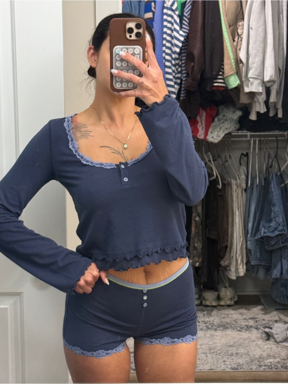 Free People Navy Lace-Trim Henley Top & Boxer Short Sleep Set